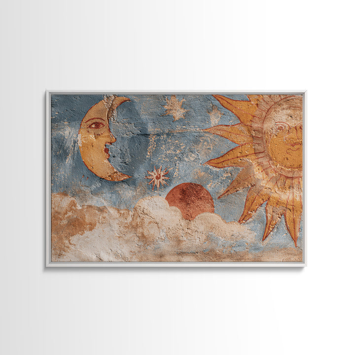 Sun and Moon Celestial Folk Motif Canvas Print, Boho Art, Wall Art Print, Living Room Decor, Fine Art, Bohemian, Luxury Decor, BOH-3x2-38