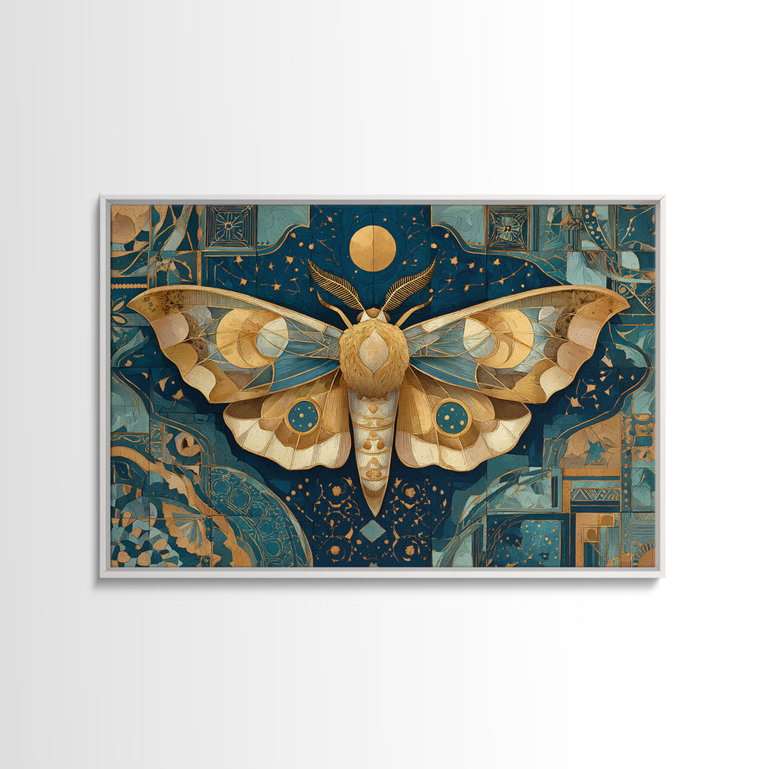 Golden Moth with Moon and Stars Framed Canvas Print, Boho Art, Textured Painting, Living Room Decor, Fine Art, Bohemian, BOH-3x2-45
