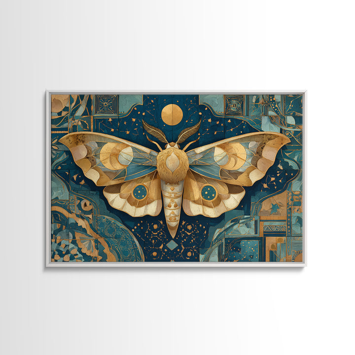 Golden Moth with Moon and Stars Framed Canvas Print, Boho Art, Textured Painting, Living Room Decor, Fine Art, Bohemian, BOH-3x2-45