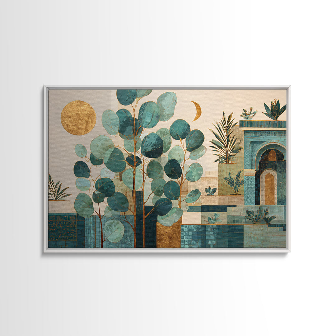 Sage Green Eucalyptus and Crescent Moon Canvas Print, Boho Art, Art Print, Living Room Decor, Fine Art, Bohemian, Digital Print, BOH-3x2-51