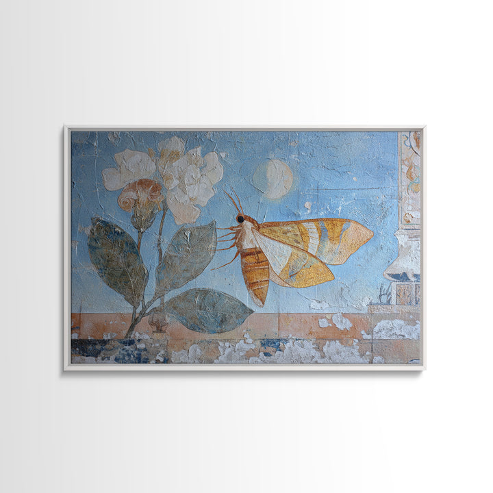 Golden Moth with Moon and Stars Framed Canvas Print, Boho Art, Textured Painting, Living Room Decor, Fine Art, Bohemian, BOH-3x2-69