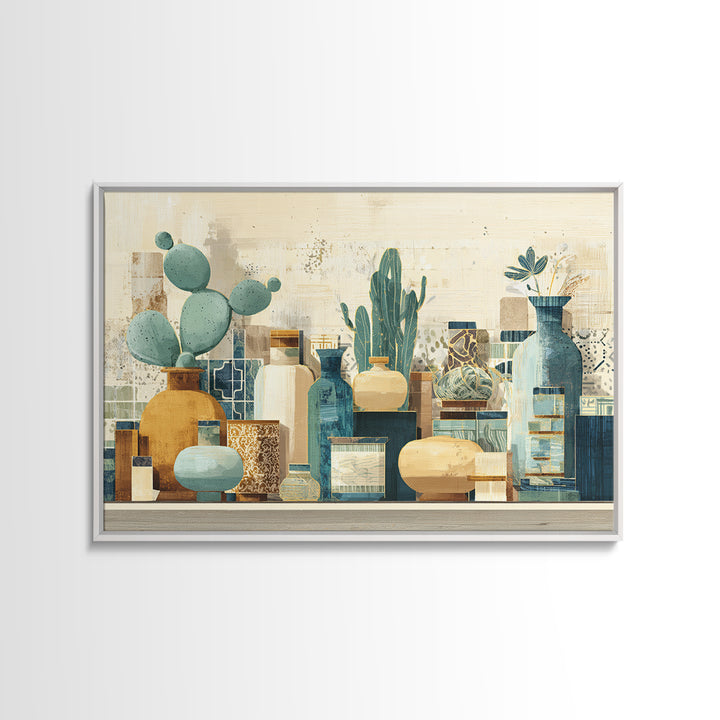 Warm Neutral Cactus Garden Illustration Framed Canvas Print, Boho Art, Boho Decor, Living Room Decor, Fine Art, Bohemian, BOH-3x2-70