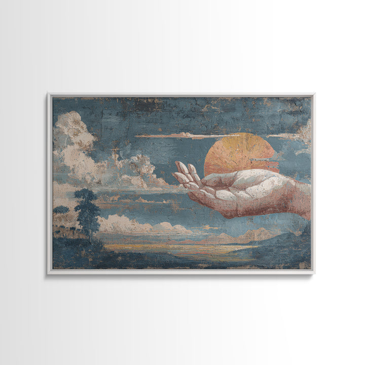 Mystic Hand Holding a Tiny Sun Framed Canvas Print, Boho Art, Statement Artwork, Living Room Decor, Oil Painting, Bohemian, BOH-3x2-82