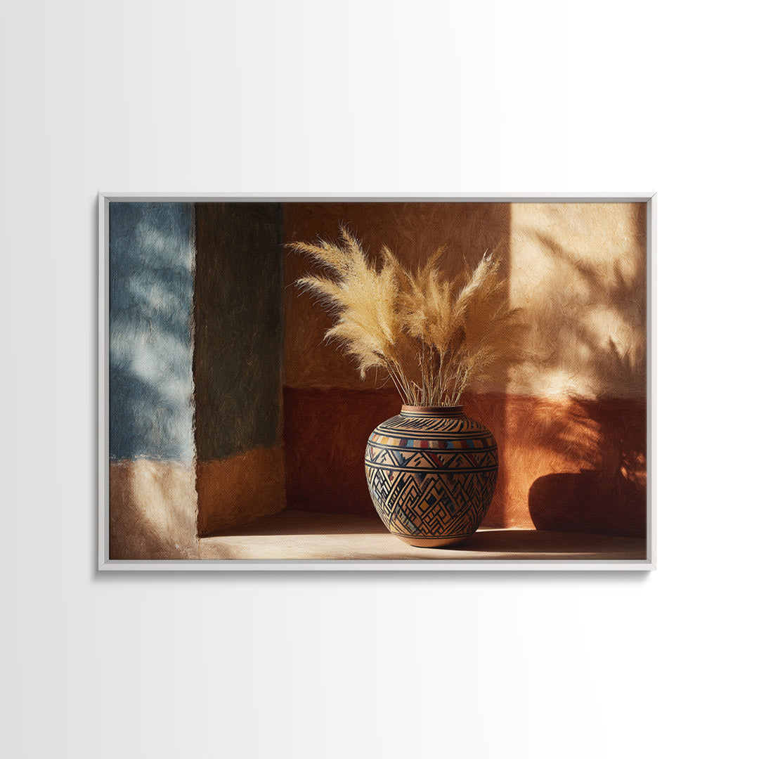 Bohemian Vase with Dried Pampas Grass Framed Canvas Print, Boho Art, Wall Art, Living Room Decor, Fine Art, Bohemian, BOH-3x2-85