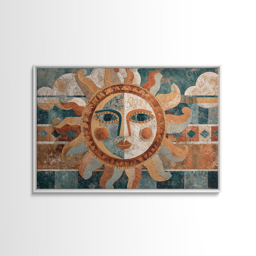 Sun and Moon Celestial Folk Motif Framed Canvas Print, Boho Art, Wall Art Set, Living Room Decor, Fine Art, Bohemian, BOH-3x2-86