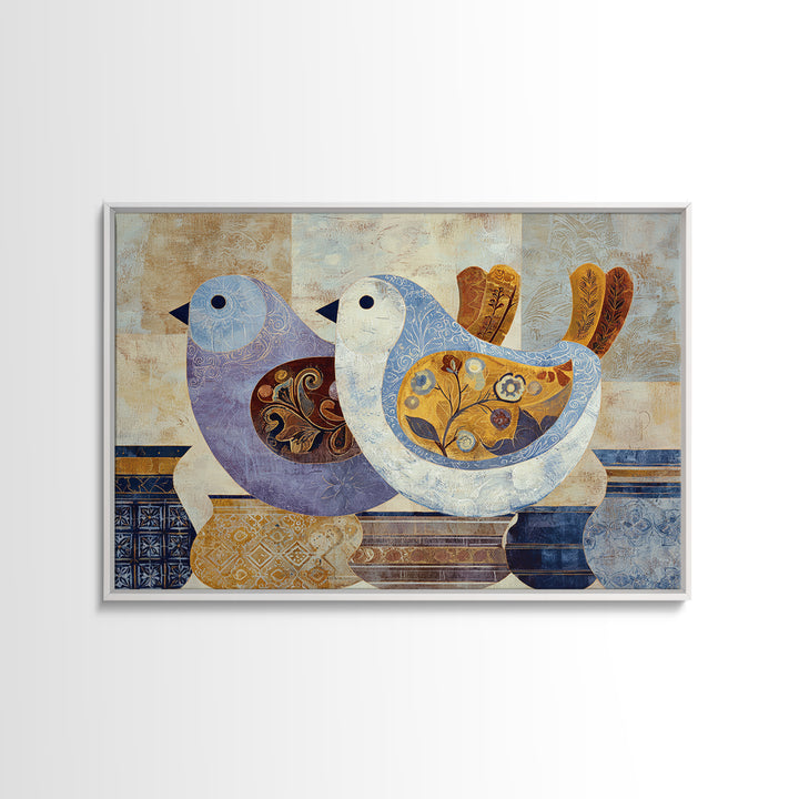 Boho Bird Pair Framed Canvas Print, Boho Art, Art Nouveau, Living Room Decor, Bohemian 596, Wall Print, Set of Prints, BOH-3x2-96