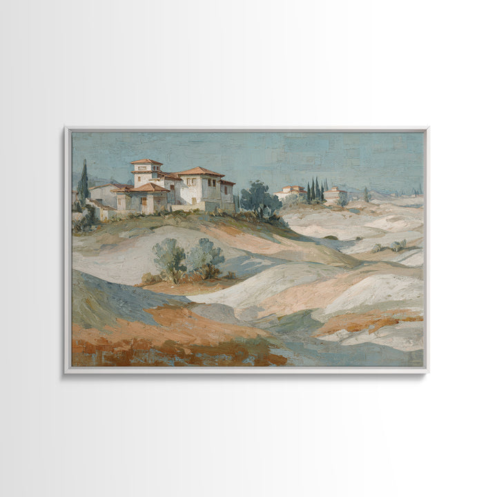 Sunrise over Rolling Dunes in Muted Peach Framed Canvas Print, Boho Art, Living Room Decor, Watercolor Art, Bohemian, BOH-3x2-97