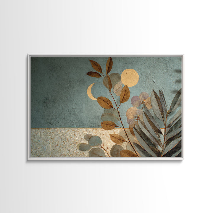 Sage Green Eucalyptus and Crescent Moon Framed Canvas Print, Boho Art, Garden Art, Living Room Decor, Fine Art, Bohemian, BOH-3x2-99