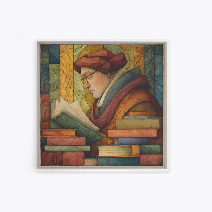 Renaissance Scholar Portrait Framed Canvas Print, Bookstore Art, Gallery Wall Art, Bookstore Decor, Fine Art, Literary, BOO-1x1-47