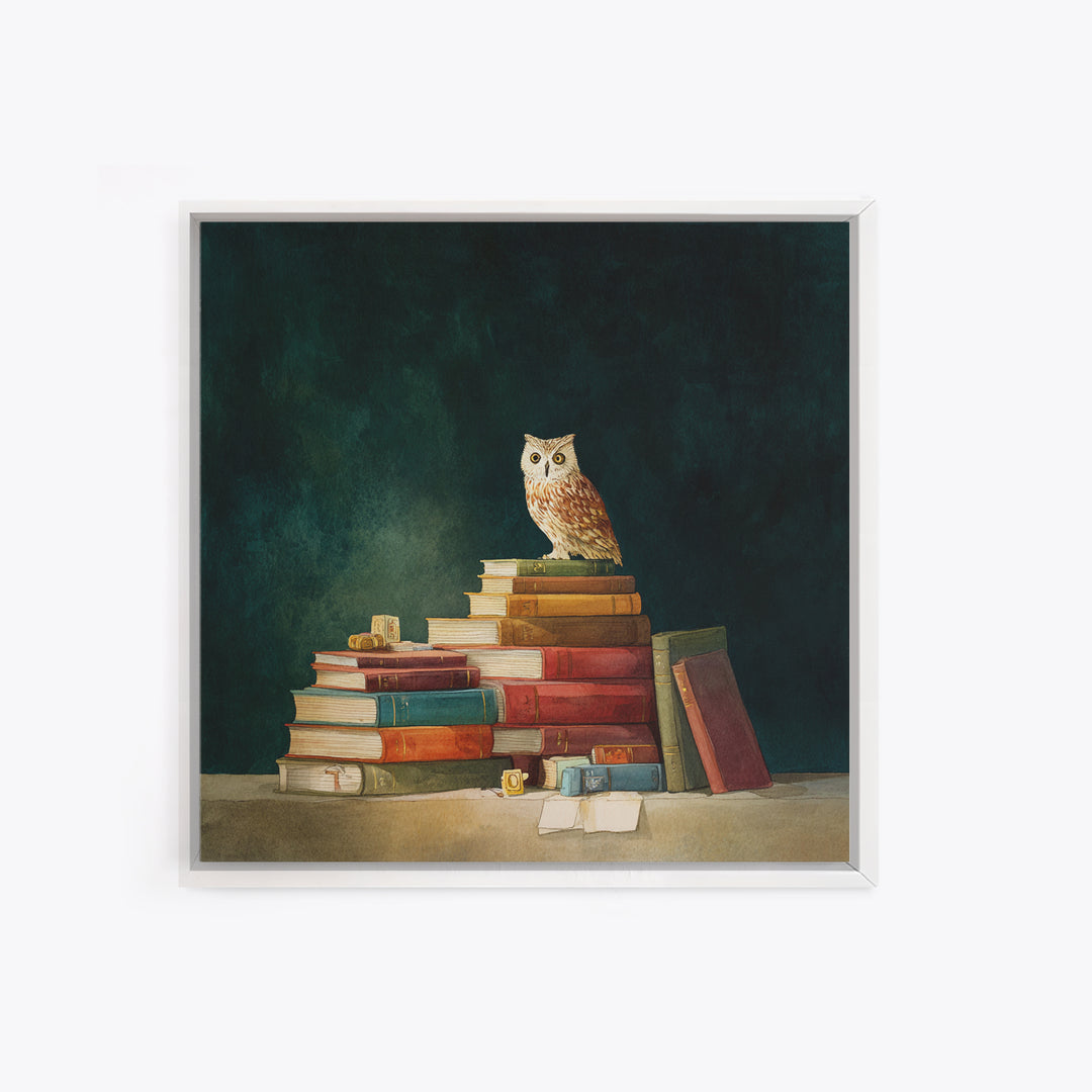 Owl Perched on a Stack of Classics Framed Canvas Print, Bookstore Art, Fine Art Print, Bookstore Decor, Abstract Art, Literary, BOO-1x1-57