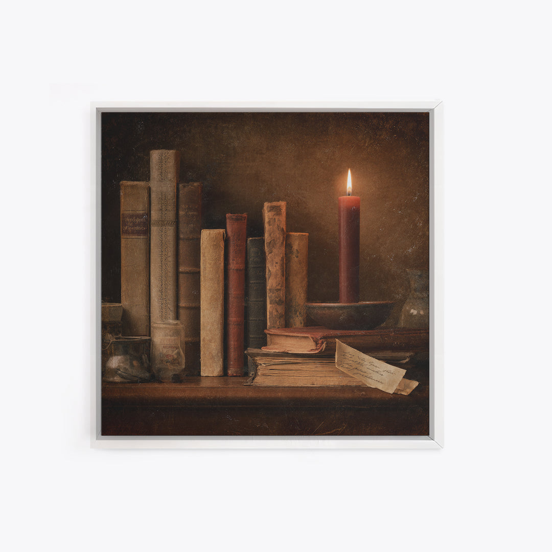 Dark Academia Candle and Book Still Life Canvas Print, Bookstore Art, Feminine Wall Art, Bookstore Decor, Literary, Art Print, BOO-1x1-58
