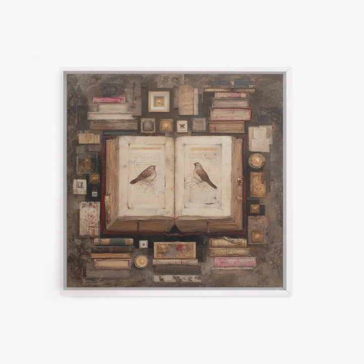 Flying Pages Transforming into Birds Framed Canvas Print, Bookstore Art, Autumn Wall Art, Bookstore Decor, Oil Painting, BOO-1x1-61