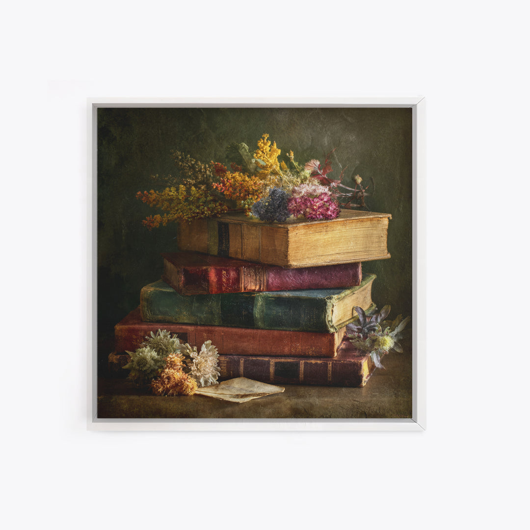Stack of Antique Books Framed Canvas Print, Bookstore Art, Luxury Decor, Bookstore Decor, Fine Art, Literary, Pink Wall Art, BOO-1x1-73
