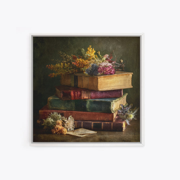 Stack of Antique Books Framed Canvas Print, Bookstore Art, Luxury Decor, Bookstore Decor, Fine Art, Literary, Pink Wall Art, BOO-1x1-73