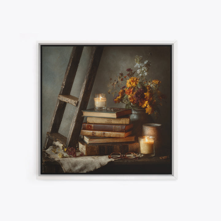 Old Library Ladder and Books Framed Canvas Print, Bookstore Art, Gallery Decor, Bookstore Decor, Fine Art, Literary, BOO-1x1-78