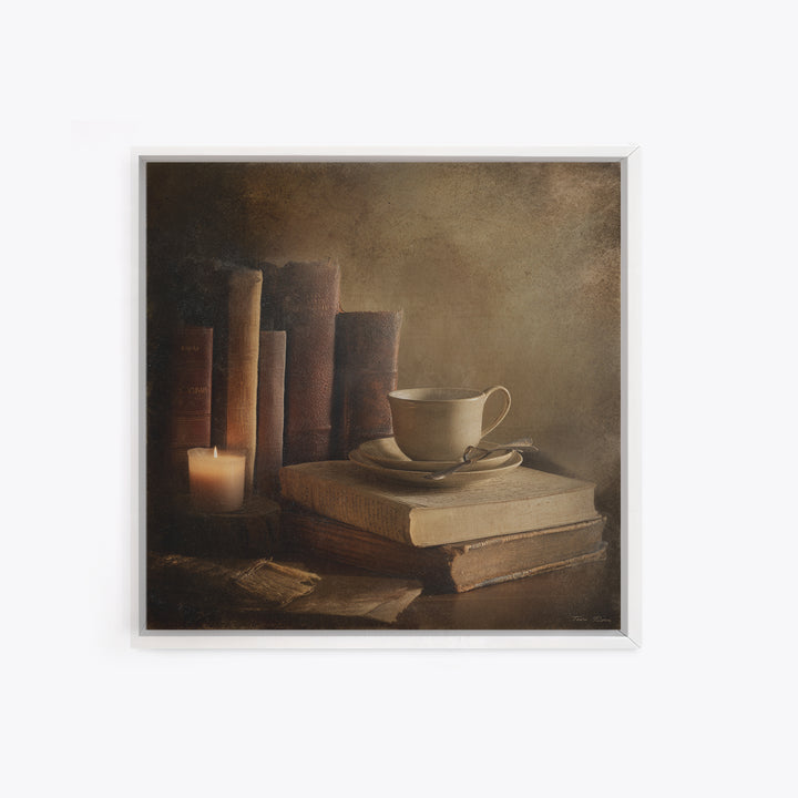 Teacup Beside a Worn Leather Bound Book Framed Canvas Print, Bookstore Art, Neutral Decor, Bookstore Decor, Fine Art, Literary, BOO-1x1-80
