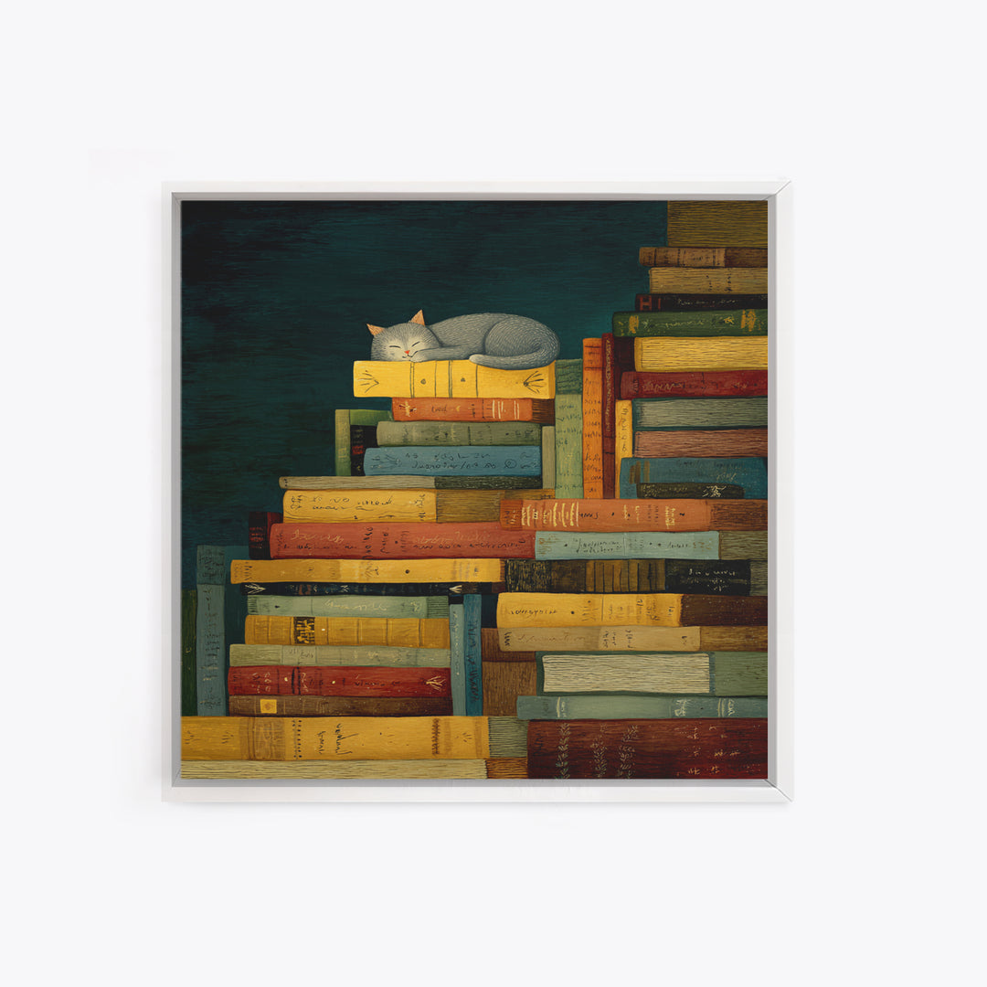Cat Sleeping on a Pile of Novels Canvas Print, Bookstore Art, Statement Artwork, Bookstore Decor, Fine Art, Literary, BOO-1x1-98