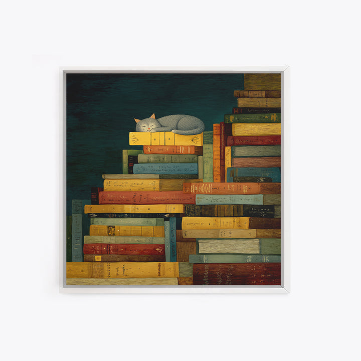 Cat Sleeping on a Pile of Novels Canvas Print, Bookstore Art, Statement Artwork, Bookstore Decor, Fine Art, Literary, BOO-1x1-98