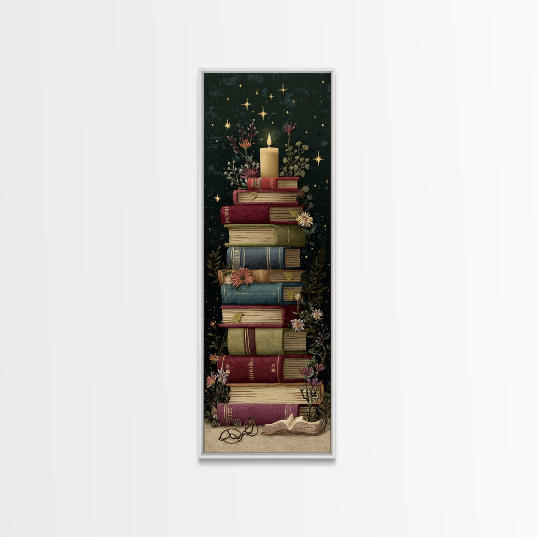 Moonlit Book with Tiny Stars Rising Framed Canvas Print, Bookstore Art, Modern Decor, Bookstore Decor, Fine Art, Literary, BOO-1x3-4
