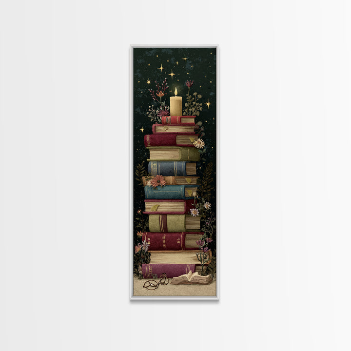 Moonlit Book with Tiny Stars Rising Framed Canvas Print, Bookstore Art, Modern Decor, Bookstore Decor, Fine Art, Literary, BOO-1x3-4