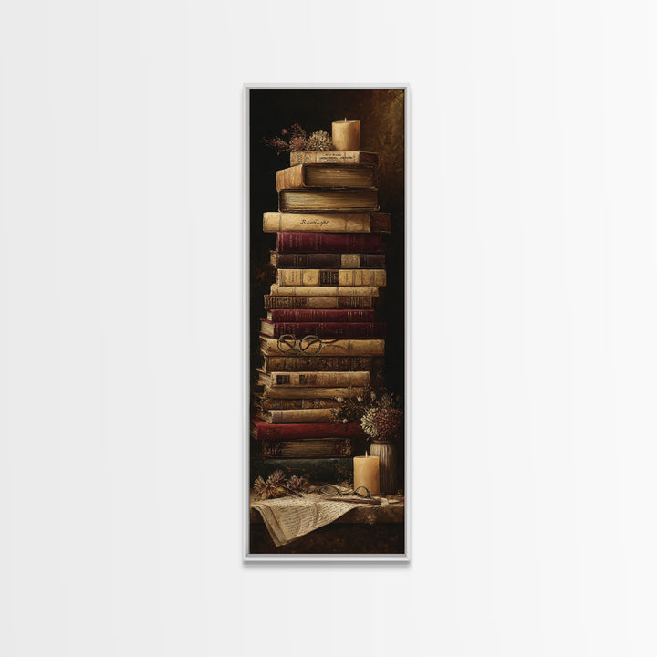 Warm Sepia Book Pile Canvas Print, Bookstore Art, Printable Wall Art, Bookstore Decor, Abstract Art, Literary, Whimsical Art, BOO-1x3-60