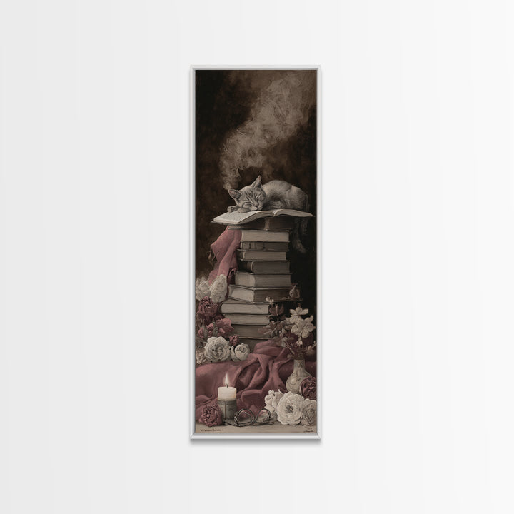 Cat Sleeping on a Pile of Novels Framed Canvas Print, Bookstore Art, Wall Decor, Bookstore Decor, Fine Art, Literary, BOO-1x3-62