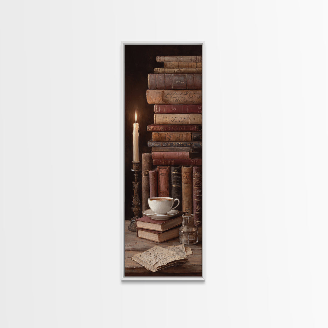 Teacup Beside a Worn Leather Bound Book Canvas Print, Bookstore Art, Library Decor, Bookstore Decor, Fine Art, Literary, BOO-1x3-68