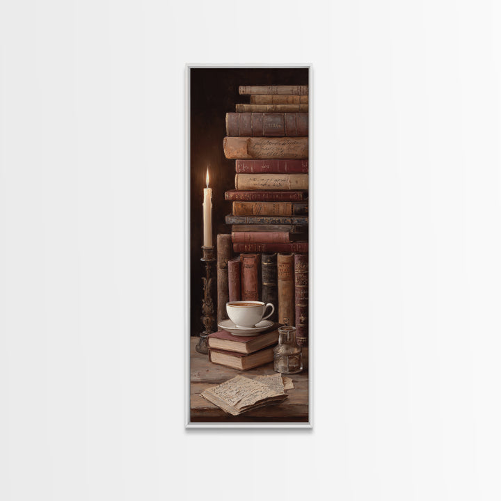 Teacup Beside a Worn Leather Bound Book Canvas Print, Bookstore Art, Library Decor, Bookstore Decor, Fine Art, Literary, BOO-1x3-68