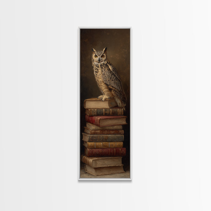 Owl Perched on a Stack of Classics Framed Canvas Print, Bookstore Art, Boho Decor, Bookstore Decor, Oil Painting, Literary, BOO-1x3-69