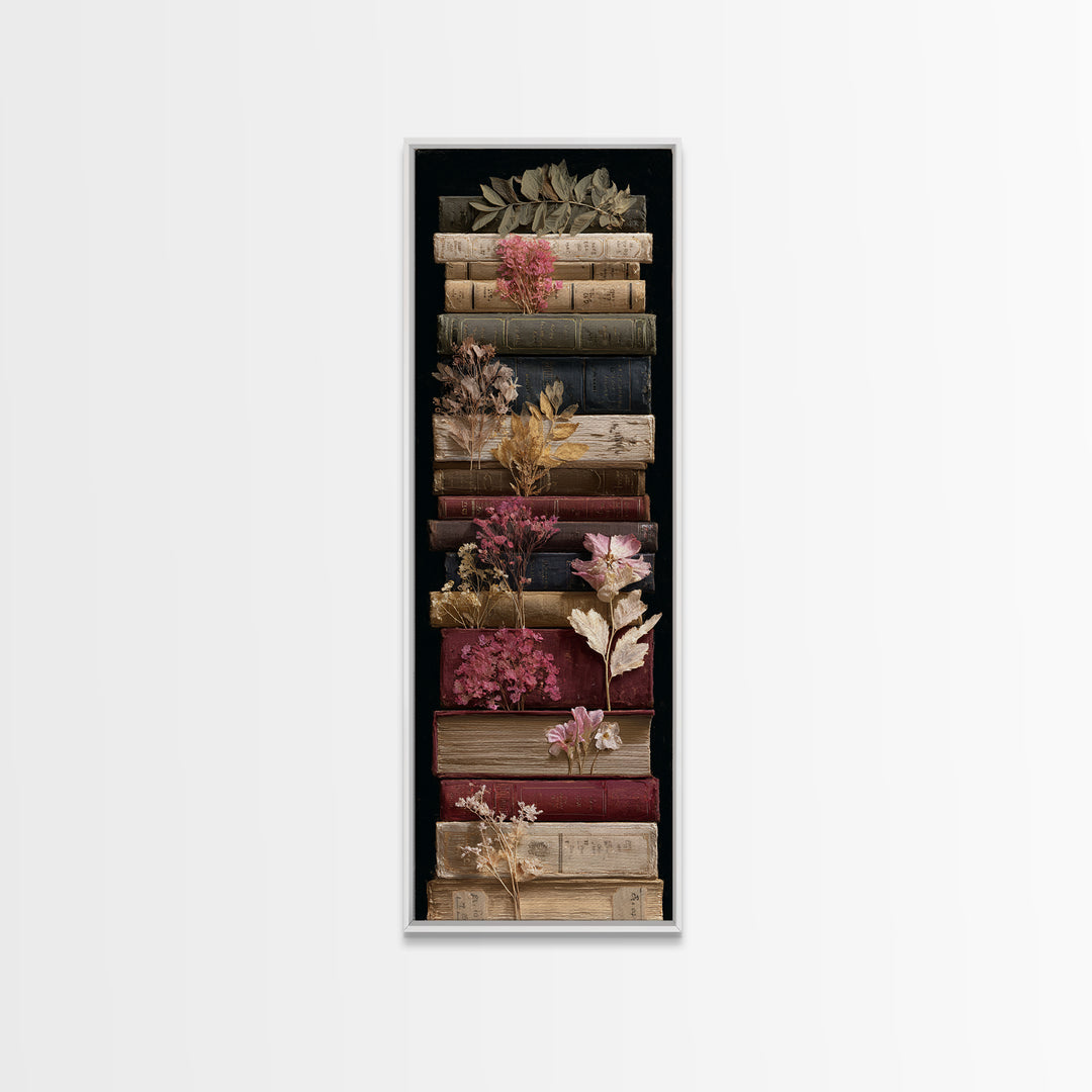 Pressed Flowers Between Book Pages Framed Canvas Print, Bookstore Art, Office Art, Bookstore Decor, Oil Painting, Literary, BOO-1x3-79