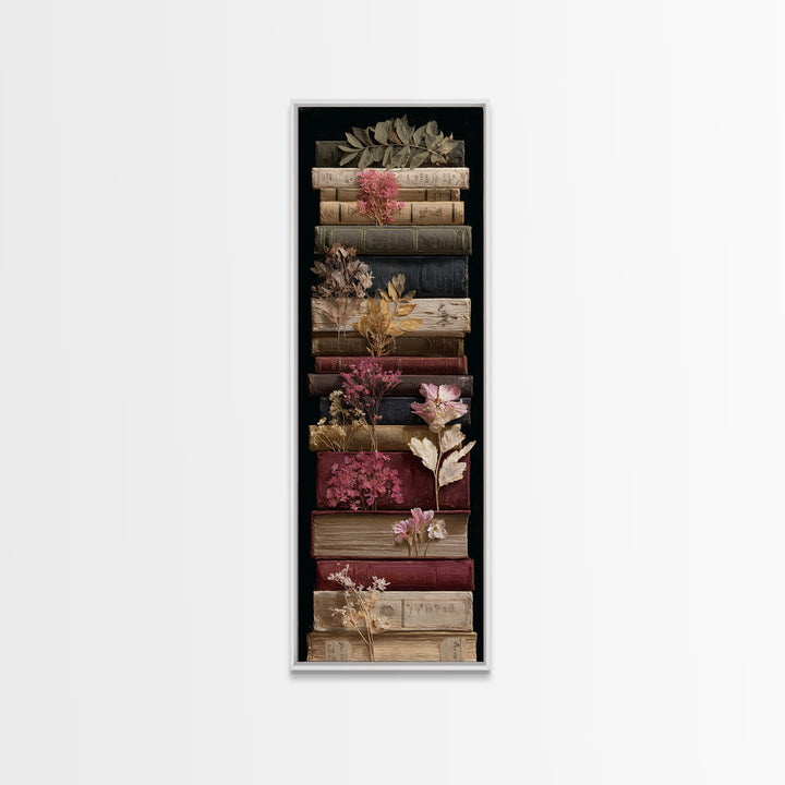 Pressed Flowers Between Book Pages Framed Canvas Print, Bookstore Art, Office Art, Bookstore Decor, Oil Painting, Literary, BOO-1x3-79