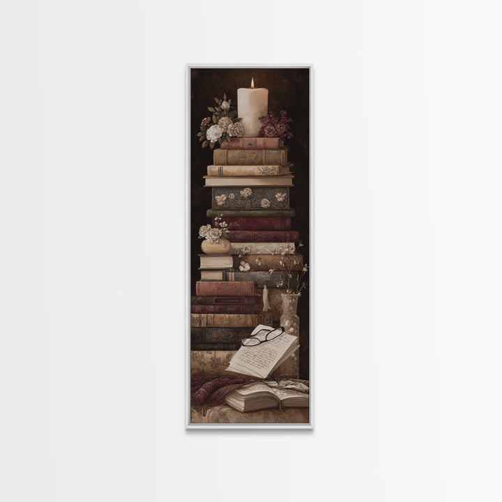 Botanical Bookmark and Open Pages Arrangement Framed Canvas Print, Bookstore Art, Downloadable Art, Bookstore Decor, Literary, BOO-1x3-96