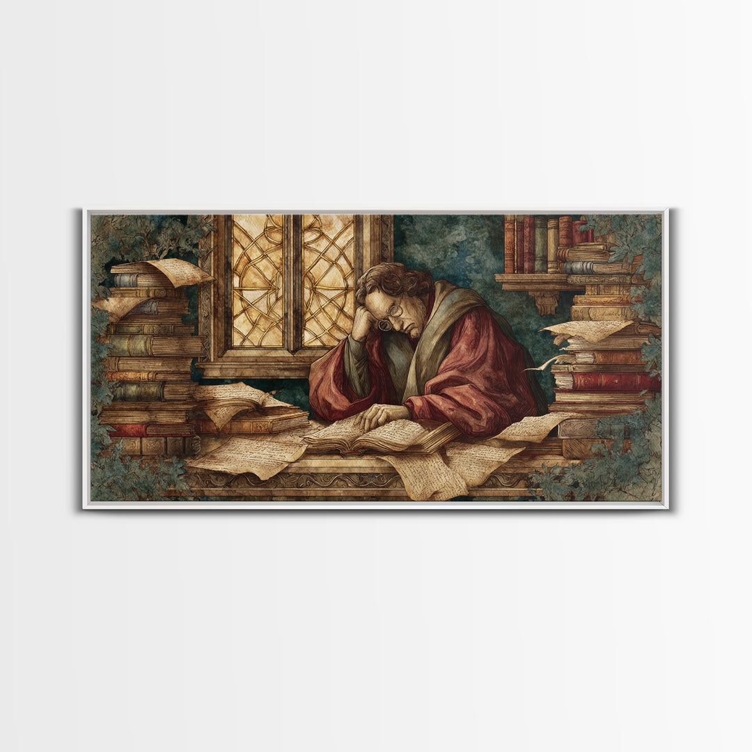 Renaissance Scholar Portrait Framed Canvas Print, Bookstore Art, Feminine Wall Art, Bookstore Decor, Fine Art, Literary, BOO-2x1-19