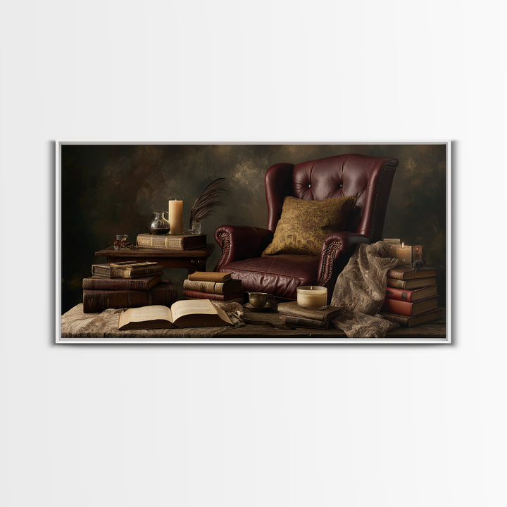Cozy Reading Chair Still Life Without Room Framed Canvas Print, Bookstore Art, Painting, Bookstore Decor, Fine Art, Literary, BOO-2x1-25