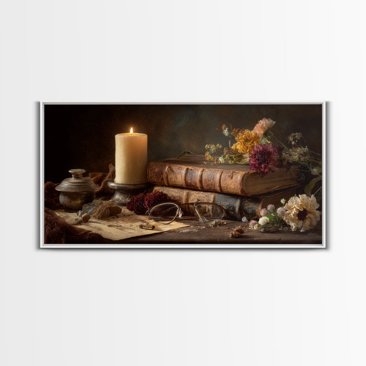 Dark Academia Candle and Book Still Life Canvas Print, Bookstore Art, Contemporary Art, Bookstore Decor, Fine Art, Literary, BOO-2x1-78