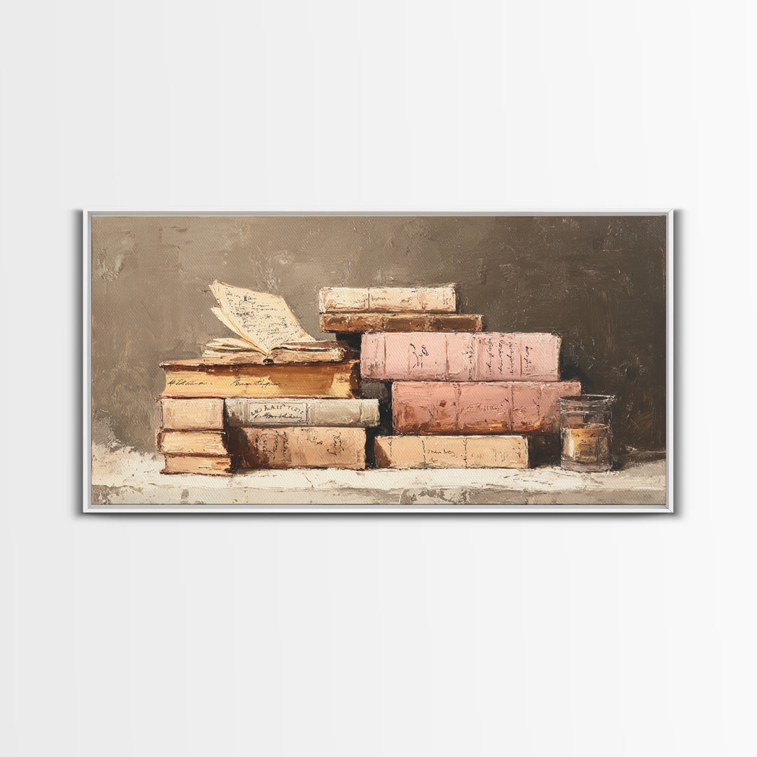 Warm Sepia Book Pile Framed Canvas Print, Bookstore Art, Book Art, Bookstore Decor, Oil Painting, Literary, Feminine Wall Art, BOO-2x1-92