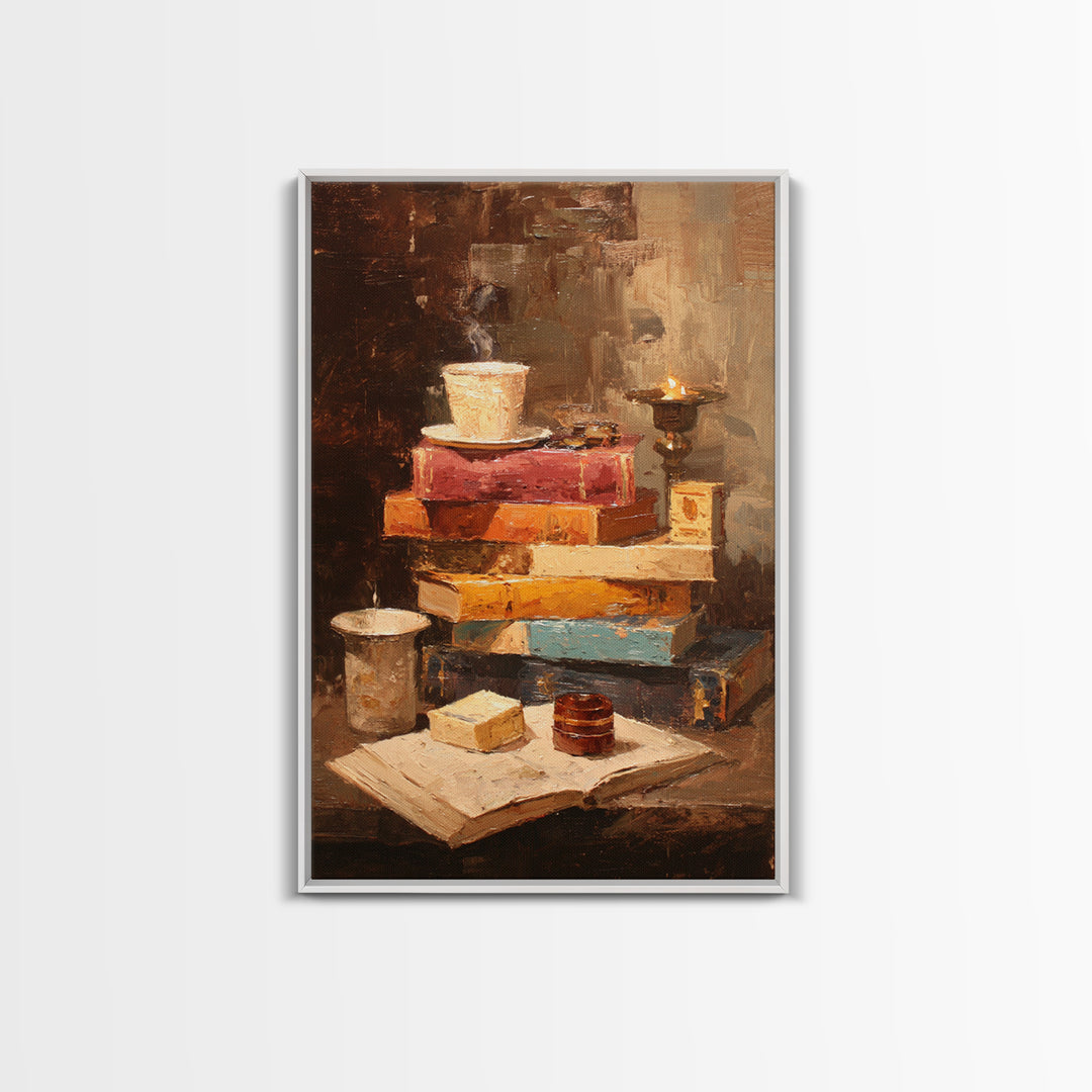Rainy Day Reading Still Life Framed Canvas Print, Bookstore Art, Pink Wall Art, Bookstore Decor, Oil Painting, Literary, BOO-2x3-53