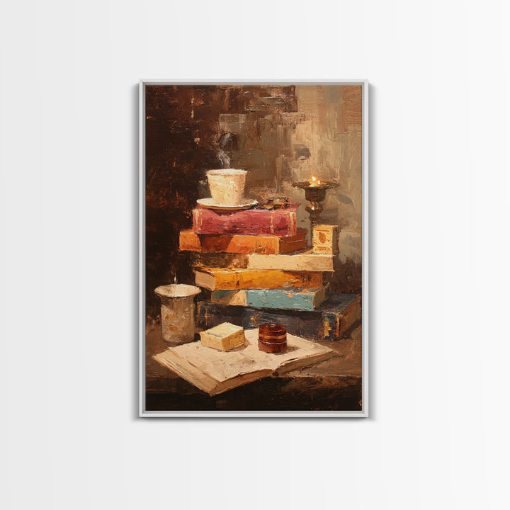 Rainy Day Reading Still Life Framed Canvas Print, Bookstore Art, Pink Wall Art, Bookstore Decor, Oil Painting, Literary, BOO-2x3-53