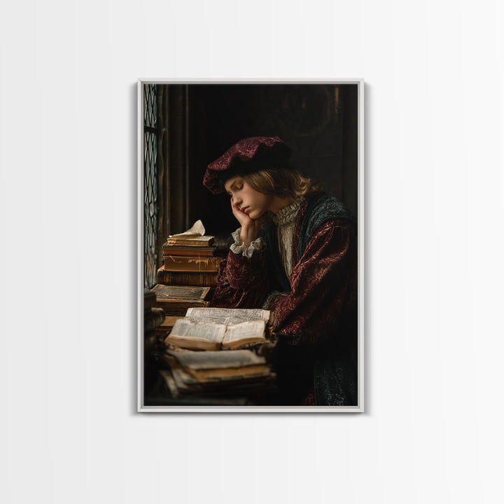 Renaissance Scholar Portrait Canvas Print, Bookstore Art, Autumn Decor, Bookstore Decor, Oil Painting, Literary, BOO-2x3-7