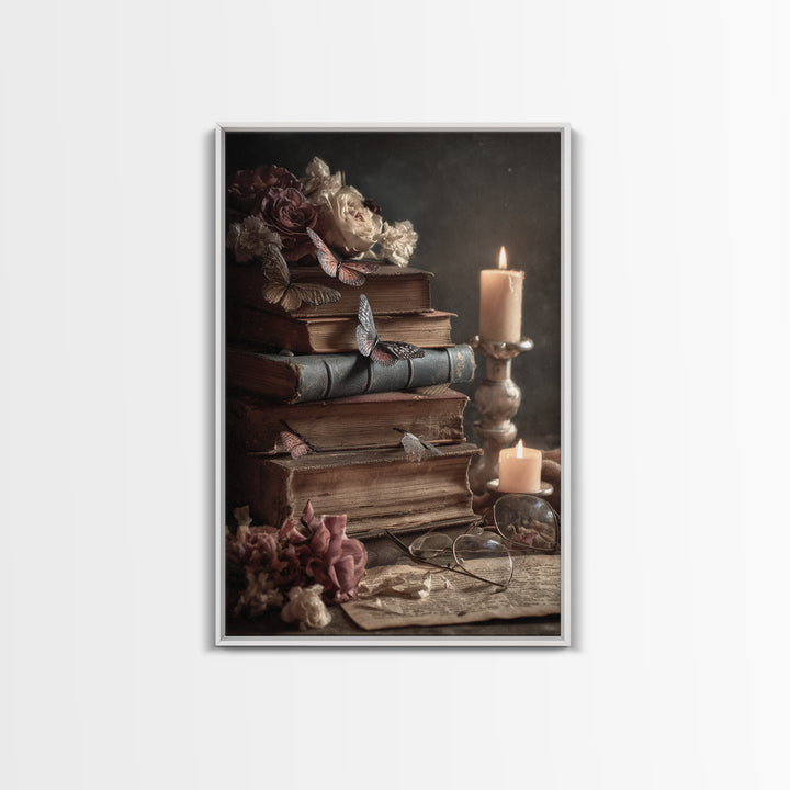 Open Book Releasing Painted Butterflies Framed Canvas Print, Bookstore Art, Autumn Decor, Bookstore Decor, Fine Art, Literary, BOO-2x3-84
