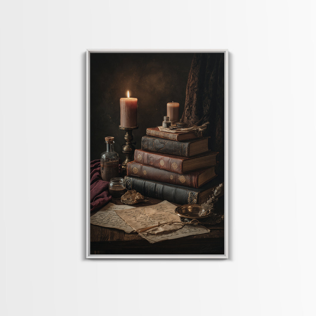 Dark Academia Candle and Book Still Life Framed Canvas Print, Bookstore Art, Pink Wall Art, Bookstore Decor, Fine Art, Literary, BOO-2x3-90