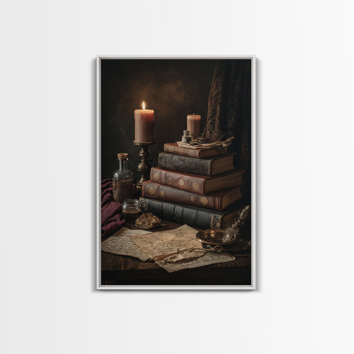 Dark Academia Candle and Book Still Life Framed Canvas Print, Bookstore Art, Pink Wall Art, Bookstore Decor, Fine Art, Literary, BOO-2x3-90