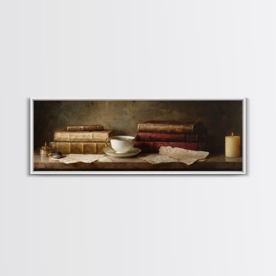 Teacup Beside a Worn Leather Bound Book Framed Canvas Print, Bookstore Art, Home Decor, Bookstore Decor, Fine Art, Literary, BOO-3x1-72