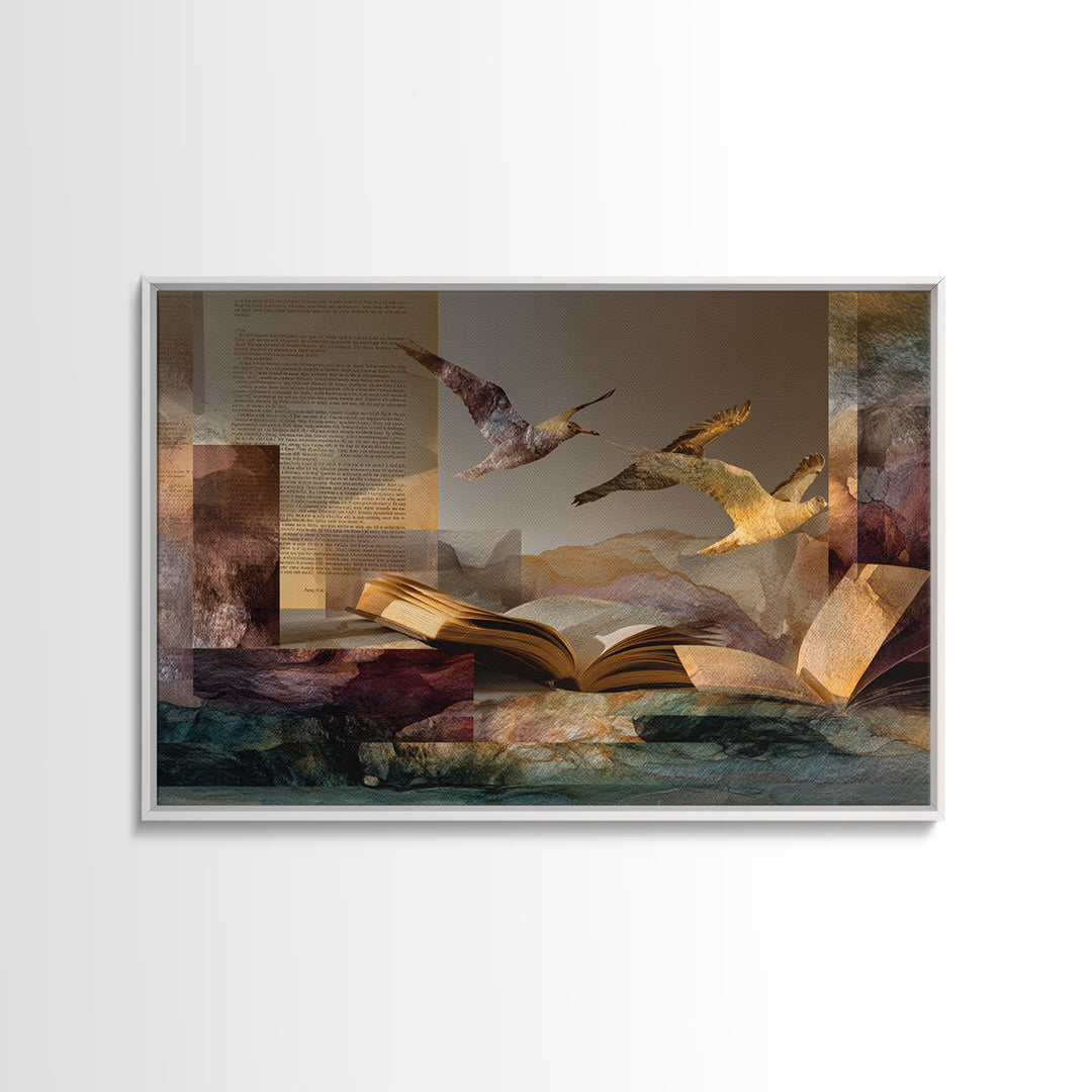 Flying Pages Transforming into Birds Canvas Print, Bookstore Art, Office Art, Bookstore Decor, Literary, Pastel Wall Art, BOO-3x2-17