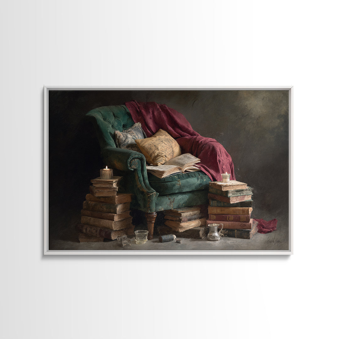 Cozy Reading Chair Still Life Without Room Canvas Print, Bookstore Art, Bookish Wall Art, Bookstore Decor, Fine Art, Literary, BOO-3x2-33