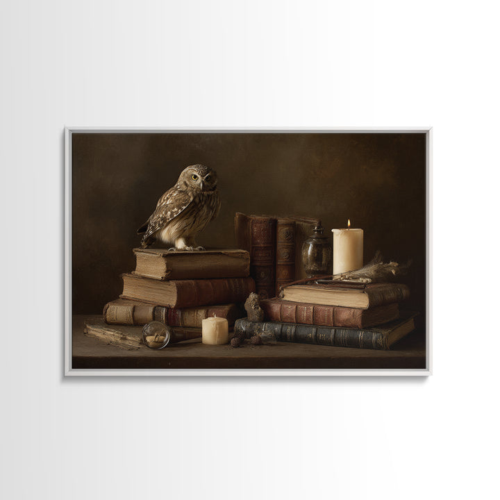 Owl Perched on a Stack of Classics Canvas Print, Bookstore Art, Book Wall Art, Bookstore Decor, Oil Painting, Literary, BOO-3x2-37