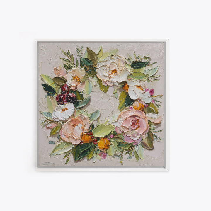 Botanical Wreath with Leaves Berries and Flowers Canvas Print, Botanical Art, Boho Wall Art, Living Room Decor, Botanic, BOT-1x1-24