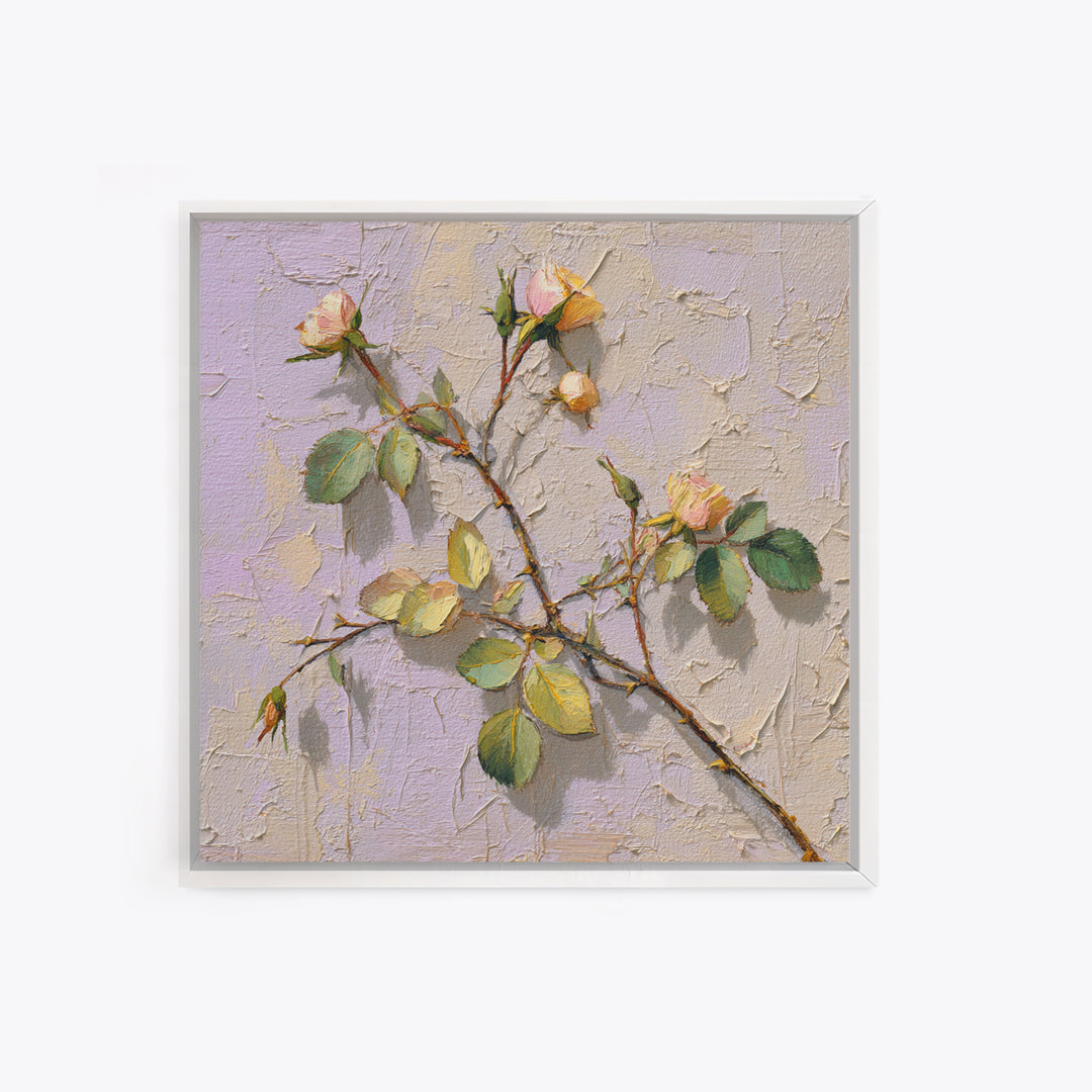 Wild Rose Branch Framed Canvas Print, Botanical Art, Sage Green Wall Art, Living Room Decor, Oil Painting, Botanic, BOT-1x1-70