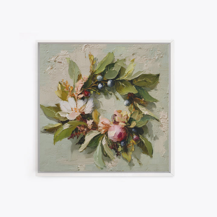 Botanical Wreath with Leaves Berries and Flowers Framed Canvas Print, Botanical Art, Art Print, Living Room Decor, Botanic, BOT-1x1-96