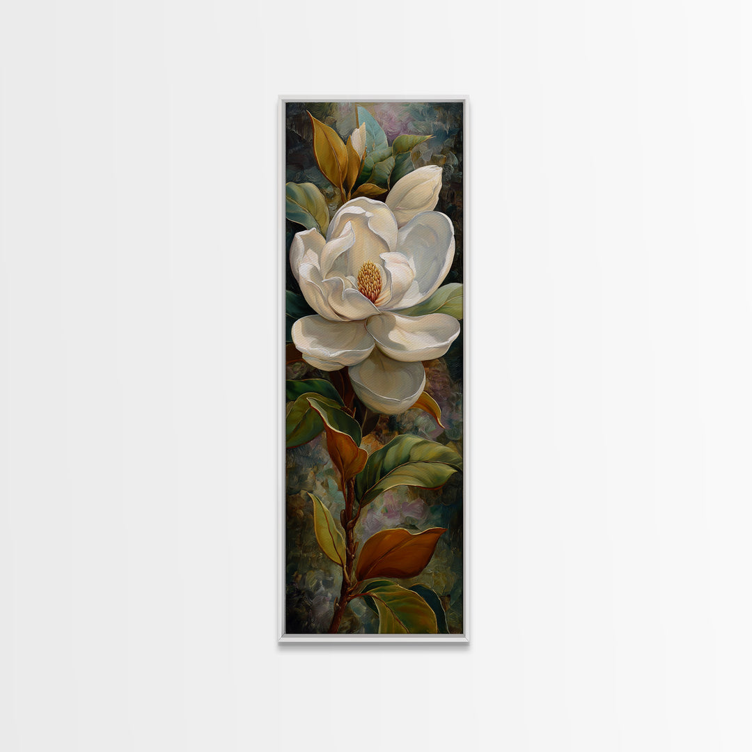 Dramatic White Magnolia on Dark Background Canvas Print, Botanical Art, Neutral Decor, Living Room Decor, Oil Painting, Botanic, BOT-1x3-18